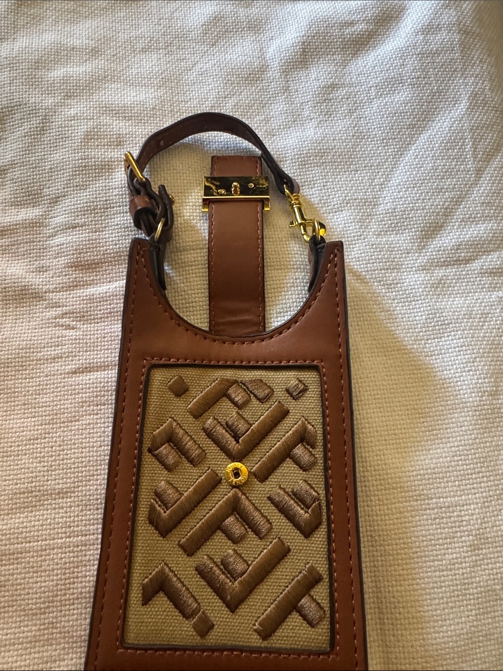 Fendi Brown Leather-Trim Embroidered Canvas Phone Holder